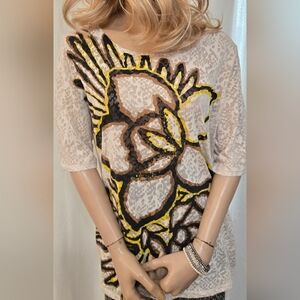 Women's Cream Sheer Floral T-shirt With Sequens. Pristine Condition.